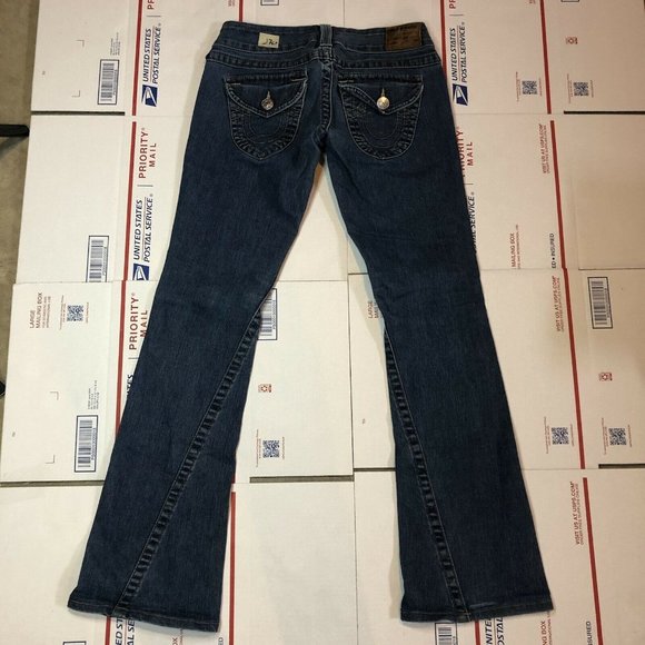 True Religion Big T Jean Size 28 Flap Pocket Twisted Flare Leg Distressed - Picture 2 of 10